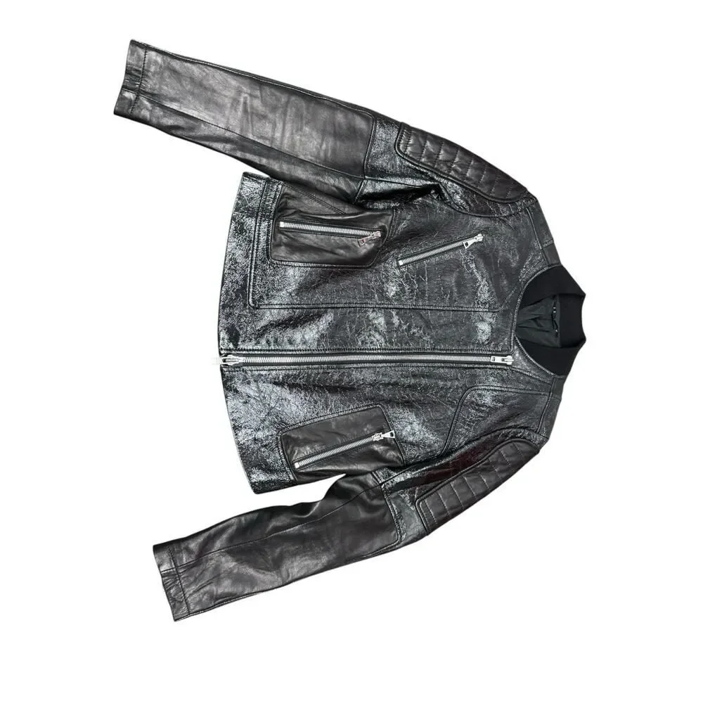 Theory Shezi Lamb Leather Moto Jacket Black Patent Crackled Zip M